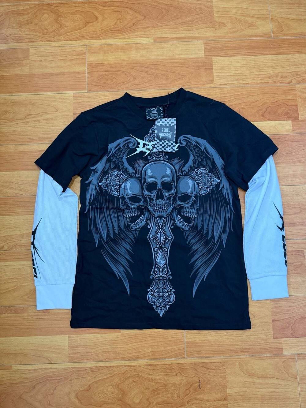 Rebel Vengeance Skull and Wings Graphic Layered Thermal Long Sleeve T-Shirt